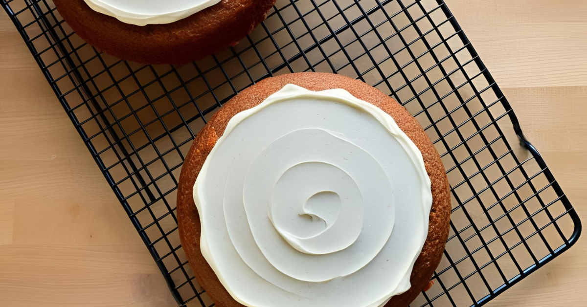 image of carrot cakes with cream cheese frosting laying on cooking racks.