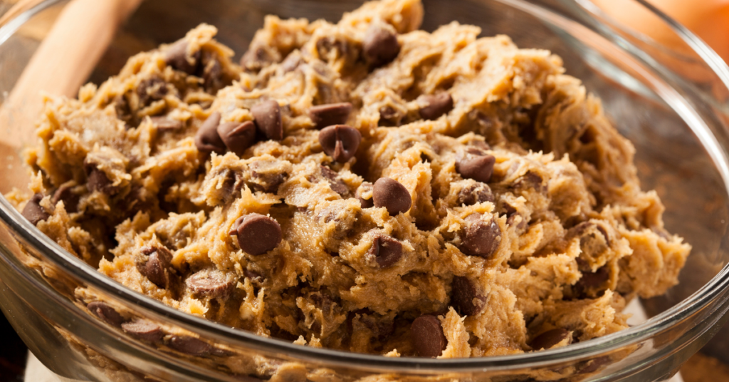 image of cookie dough in a glass bowl.