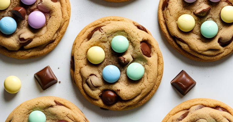 image of chocolate chip cookies with pastel chocolate candies in the cookies. cookies are laying on a white background.