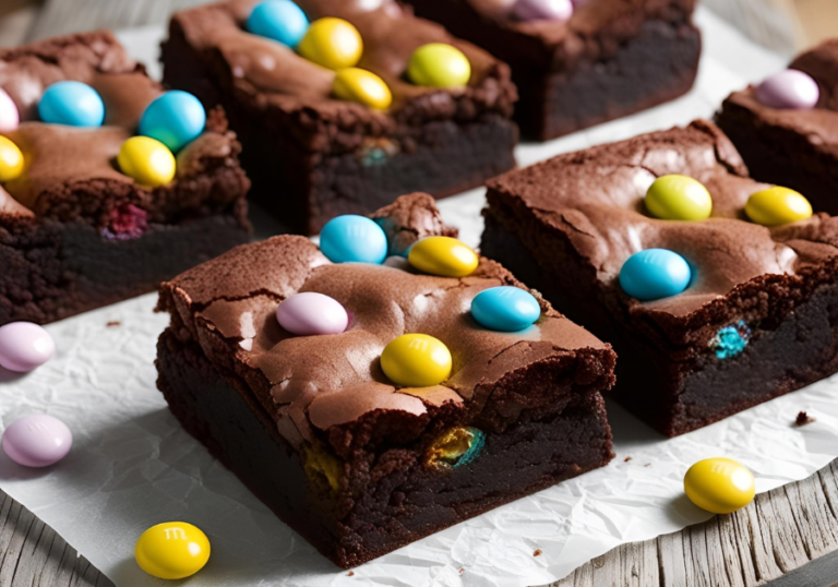 Image of chocolate brownies with pastel colored M&M's on top. The brownies are laying on parchment paper.