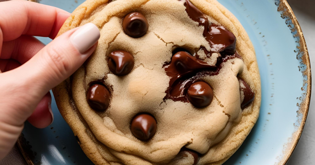 image of a woman fingers holding a sourdough chocolate chip cookie on a plate.