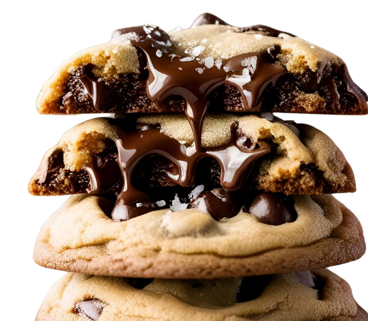 image of sourdough chocolate chip cookies stacked on top of each other with chocolate dripping down the cookies.